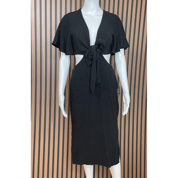 Lulus Summer Journey Women's Dress Midi Sheath TieFront Cutout Side Slit S Black - Picture 1 of 11
